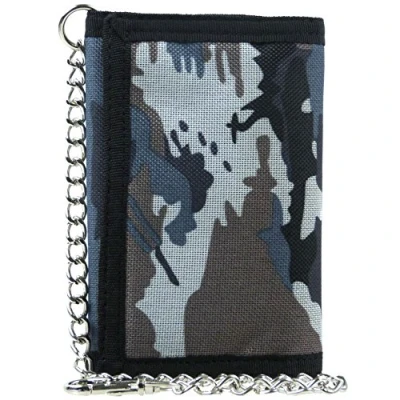 Image of Mens Boys Camouflage Canvas Tri Fold Wallet with Chain &amp; Clip CAMO Slim Arctic Grey
