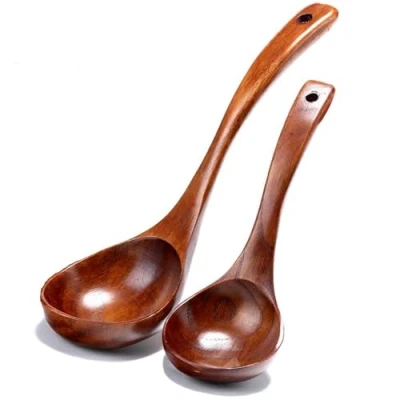 Image of 2 Pcs Wooden Ladle Spoon Set Long Handle Chinese Style Handcrafted Wood Soup Servin with Back HooksSpoon for Cooking Serving and Stirring