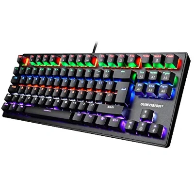 Image of Gaming Keyboard SUMVISION ACIES True Mechanical Tenkeyless TKL Rainbow LED 100% Anti Ghosting Programmable Macro for PC Xbox PS5 Apple Mac (UK DESIGN UK TECH SUPPORT QWERTY LAYOUT)