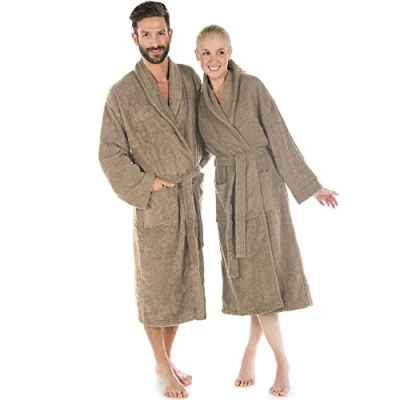 Image of CelinaTex Oregon Bathrobe, Shawl Collar, Plain, Long, Patched Pockets, Piping, Women, Men, Unisex, 100% Cotton, Taupe, Small