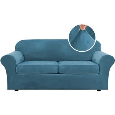 Image of LINGKY Velvet Sofa Cover 2 Seater With Separate Seat Cushion Covers, Stretch Couch Non Slip Slipcovers for Living Room Furniture Protector (Peacock Blue,Large Seater)