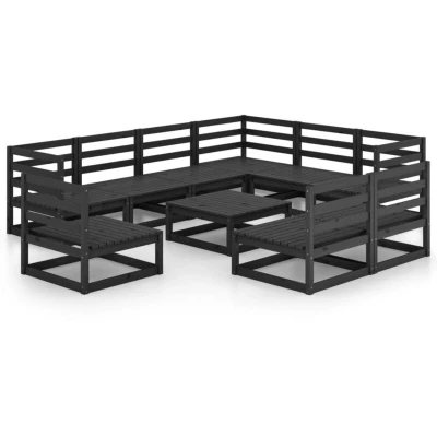 Image of vidaXL 10 Piece Garden Lounge Set Black Solid Pinewood