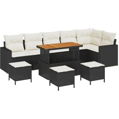 Image of vidaXL 10 Piece Garden Sofa Set with Cushions Black Poly Rattan Acacia