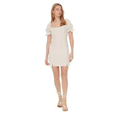 Image of Trendyol Women Petite Mini A line Regular Woven Dress Ecru