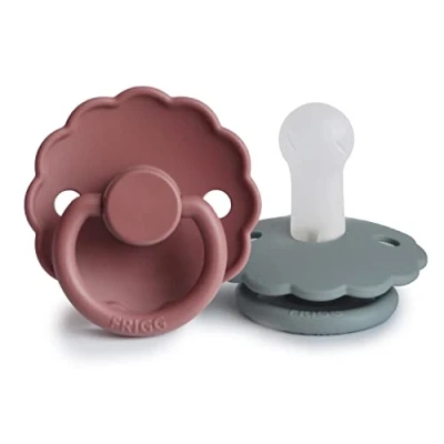 Image of FRIGG Daisy Silicone Pacifier Pack of 2 Soother Dummy BPA Free Made in Denmark Symmetrical Cherry Shaped Nipple (French Gray/Woodchuck, Size (6 18 Months))