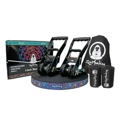 Image of ZenMonkey 1&quot; Slackline Kit with Dual Ratchet System, Two Tone Webbing, Tree Protectors and Carry Bag