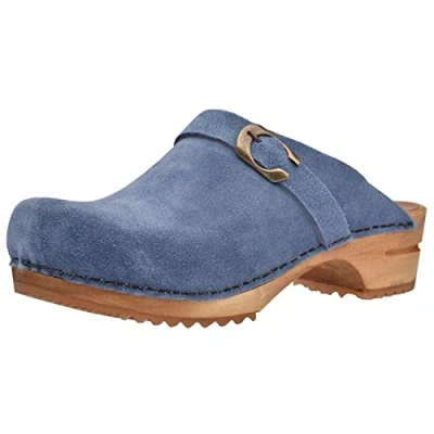 Image of Sanita Hedi Mule Clog Original Handmade Wooden Leather for Women Sustainable Sole Dove Blue 6 UK
