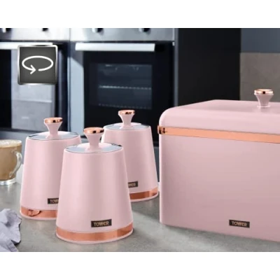 Image of TOWER Cavaletto Modern &amp; Contemporary Pink Bread Bin and Set of 3 Tea, Coffee Sugar Canisters. Kitchen Storage in Stylish Matte Finish with Elegant Rose Gold Accents