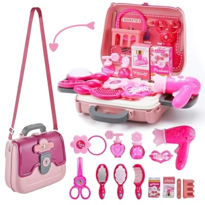 Image of Xwin sportseries Princess Beauty Set Deluxe Pink Fashion &amp; Hair Styling Play Kit for Girls 24 Piece Salon Hairdryer, Jewelry, Makeup Portable Pretend Suitcase Ages 3 8