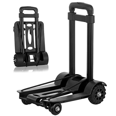 Image of Folding Hand Truck, 40KG/88LBS Capacity, Heavy Duty Wear resistant PP Tank Wheels and Adjustable Iron Drawbar, Lightweight Trolley Cart with Binding Belt for Luggage Travel Auto Moving Office