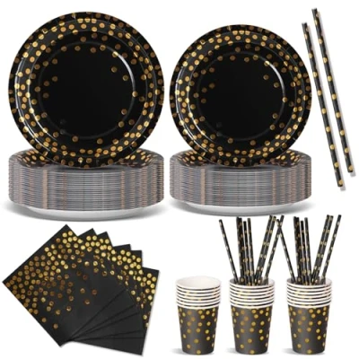 Image of Nkaiso Party Tableware 120 Pieces Black Gold Kids Birthday Plates Supplies Set Includes Paper Napkins Cutlery for Decorations Christening Wedding Shower 24 Guests