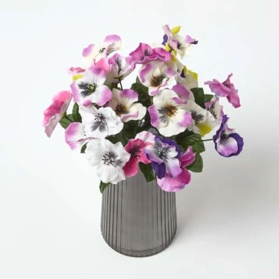 Image of HOMESCAPES Decorative Artificial Flowers, Set of 3 Realistic Purple &amp; Pink Pansy, Vibrant Pansies Faux Flowers That Look Real, Indoor Decor Floral Arrangement Table Decoration for Weddings Birthdays