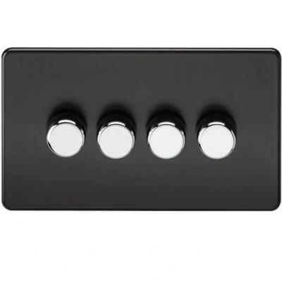 Image of KnightsBridge Screwless 4G 2 way 10 200W (5 150W LED) trailing edge dimmer Matt Black with chrome knobs