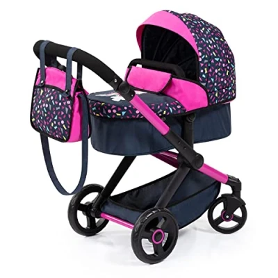 Image of Bayer Design 17080AA Combi dolls pram Xeo, stroller, height adjustable handle, convertible, bag, black pink with pattern