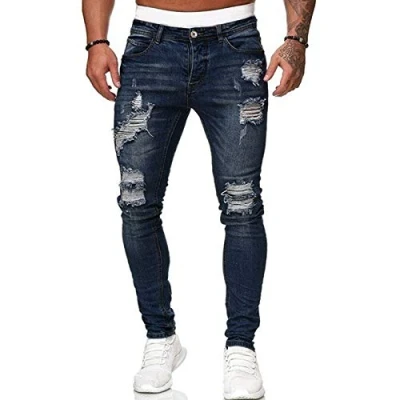 Image of Men&#039;s Stretch Skinny Ripped Jeans, Super Comfy Distressed Denim Pants with Destroyed Holes(Dark Blue, S)