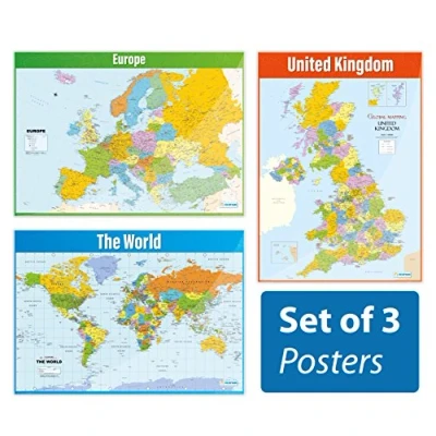 Image of Map Posters Set of 3 Geography Laminated Gloss Paper measuring 850mm x 594mm (A1) Classroom Education Charts by Daydream
