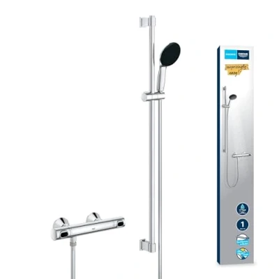 Image of GROHE Precision Flow Exposed Thermostatic Shower Set (Round 11 cm Hand 1 Sprays: Rain, Hose 1.75 m, Rail 90 cm, Safety Functions, Water Saving), Chrome, 34805001