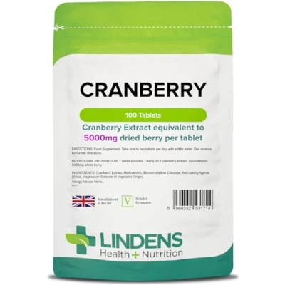 Image of Lindens Cranberry Juice 5000mg 100 Tablets UK Made Rich in Polyphenols and Antioxidants Urinary Health Support, Popular with Women Letterbox Friendly