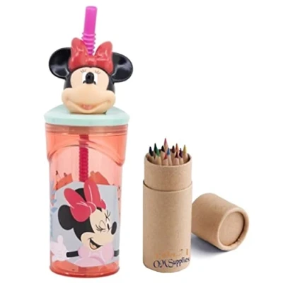 Image of OM SUPPLIES Minnie 3D Figurine Cartoon Characters Reusable Tumbler Childrens Drinking Cup Straw 23 x 7.5 7.5cm Includes Half Size 12pcs Pencil Set (Minnie)