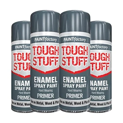 Image of Classic Signature 4 x Enamel Grey Primer Spray Paint 400ml Tough Stuff Hard Wearing Smooth Aerosol for Metal Wood and Plastic
