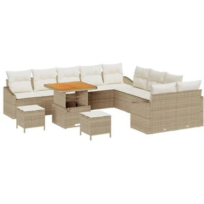 Image of vidaXL 13 Piece Garden Sofa Set with Cushions Beige Poly Rattan Acacia