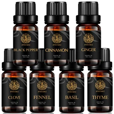 Image of Aromatherapy Spicy Essential Oil Set for Diffuser Clove, Basil, Fennel, Thyme, Ginger, Black Pepper, Cinnamon Oil,100% Pure Ginger Kit,7x10ml Therapeutic Grade