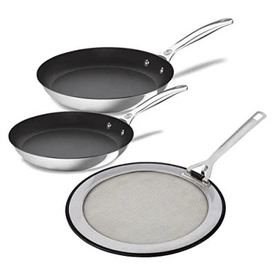 Image of Le Creuset Stainless Steel Nonstick Frypan (8 In. &amp; 10 In.) with Splatter Guard Bundle