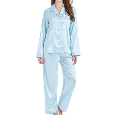 Image of Women’s Pyjama Set Satin Long Sleepwear Nightwear Loungewear (Light Blue, Medium)