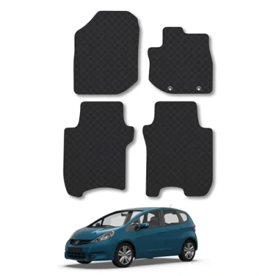 Image of Rubber Car Mats Compatible with Honda Jazz (2008 2011) Tailored Fit Floor Set Accessory Black Custom 4 Pieces Clips Anti Slip Backing, Heavy Duty &amp; Waterproof