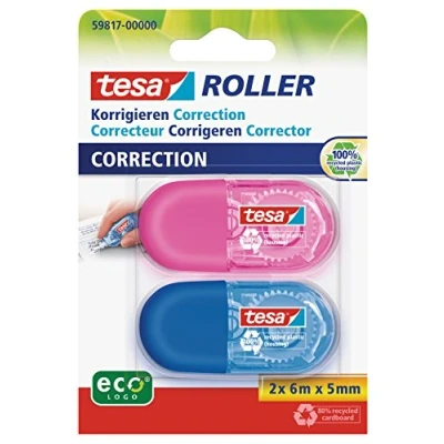 Image of tesa UK Mini Roller Correction ecoLogo 2 Pack Multicoloured Small Ergonomic White Out Tape, Tape Size 6 m x 5 mm