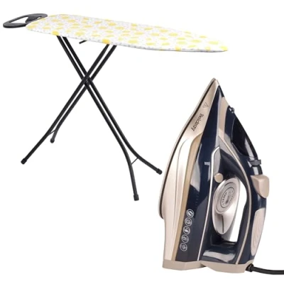Image of Beldray COMBO 9213 Single Temperature Iron &amp; Ironing Board Precision Steam Iron, One Temp Technology, 200G/Min Shot, Collapsible Table, Lightweight, Washable Lemon Cover, 115 x 36 cm