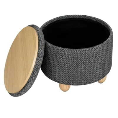 Image of WOLTU Round Stool with Storage Space, Footstool Lid, Padded Solid Wood Legs, Linen Cover, Diameter 39 x 33 cm, Gray