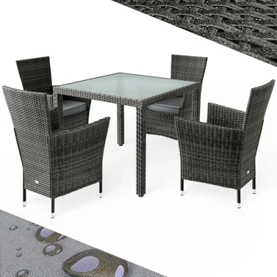 Image of CASARIA® 5 Piece Poly Rattan Garden Furniture Set 4 Stackable Chairs with Cushions 90x90cm Table Weather Resistant, Durable, Comfortable Seating Perfect for Garden, Patio, Balcony Grey
