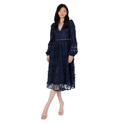 Image of Maya Deluxe Women&#039;s Midi Dress Ladies Floral Embroidered Lace Long Sleeve V Neck for Wedding Guest Bridesmaid Prom Occasion Ball Gown, Navy, 18