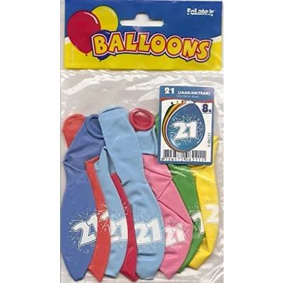 Image of Folat 08221 Zahl 21st Birthday Balloons 30 cm 8 pieces, Multi Colors, 21