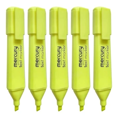 Image of MERCURY Marcador Fluorescent Highlighter Pens, YELLOW, Pack of 5, Chisel Tip (5.0mm), Multipack, Fast drying, School Office Home Highlighting Use