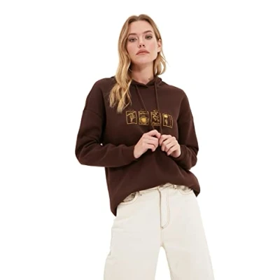 Image of Trendyol FeMan Oversize Basic Hood Knit Sweatshirt Brown