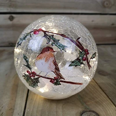 Image of Festive 15cm Battery Operated Indoor Christmas LED Lit Crackle Effect Robin Ball