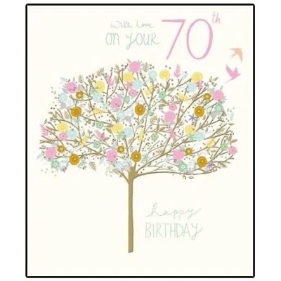 Image of Age 70 Birthday Card (WDM 428654) Artistic Gold Floral Tree from The Peach &amp; Prosecco Range Foiled Embossed Finish