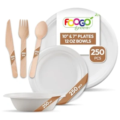 Image of FOOGO Green 1500pcs Disposable Sugarcane Fibre Paper Plates, Bowls and Wooden Cutlery Set, FSC® Certified, 250x Large Round Small Bowls, Forks, Knives, Spoons