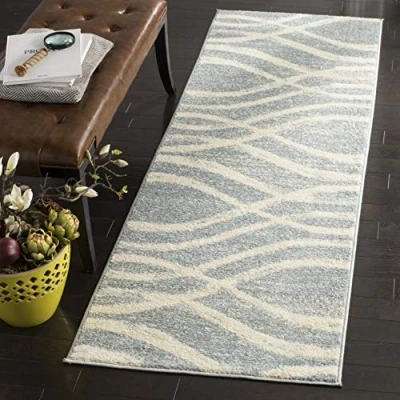 Image of SAFAVIEH Modern Wave Distressed Rug for Living Room, Dining Bedroom Adirondack Collection, Short Pile, in Cream and Slate, 76 X 244 cm