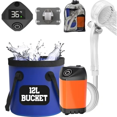 Image of Elil Portable Camping Shower Pump with 12 Liter Collapsible Bucket Rechargeable Battery Camp Electric Shower, for