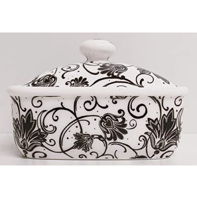 Image of Parisian Black Butter Dish Bone China Pink Floral Scroll Swirl Lidded Container Hand Decorated in UK
