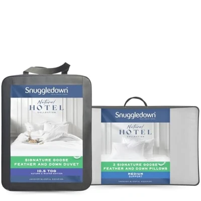 Image of Snuggledown Goose Feather &amp; Down King Size Duvet 10.5 Tog All Year Round Quilt for Summer Winter, 2 Medium Pillows Soft Cotton Cover, Hypoallergenic, Machine Washable, (225cm x 220cm)