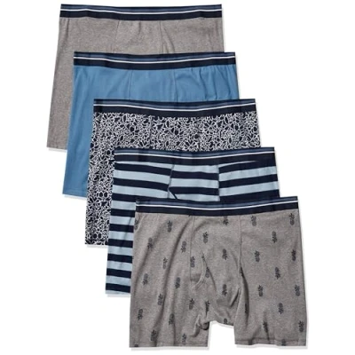 Image of Amazon Essentials Men&#039;s Comfortable Cotton Tag Free Boxer Briefs, Pack of 5, Floral Print/Pineapple/Stripes, S