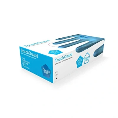 Image of Touchguard Disposable Gloves Blue Vinyl Latex and Powder Free Multi Purpose Food Grade Extra Strong Box of 100 Size S