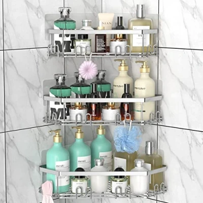 Image of STEUGO Corner Shower Caddy, Organizer Shelf with 12 Hooks,3 Pack Adhesive Stainless Steel Shelves for Bathroom Storage，No Drilling Wall Mounted Rack (Silver)