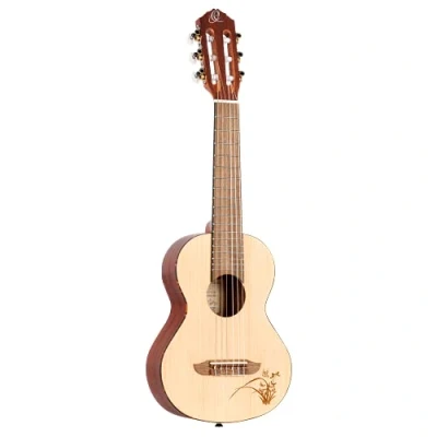 Image of Ortega Guitars Travel Guitar acoustic Mini/Travel Series Guitarlele 6 strings spruce top with laser engraved motif (RGL5)