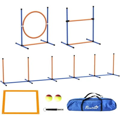 Image of PawHut Dog Agility Training Equipment, Outdoor Games with Weave Poles, Jump Ring, Pause Box, Adjustable Hurdle, Pet Obstacle Course Set Carry Bag, Orange