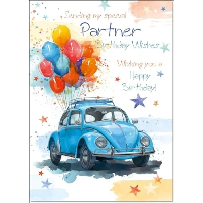 Image of doodlecards Partner Male Birthday Card Volkswagen Beetle Medium Size with Plain Envelope